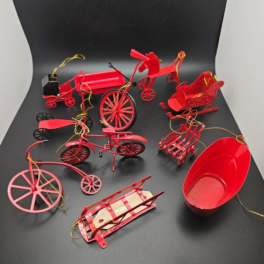 Vintage Red Metal Miniature Vehicles & Sled Christmas Ornaments Lot of 11 Taiwan